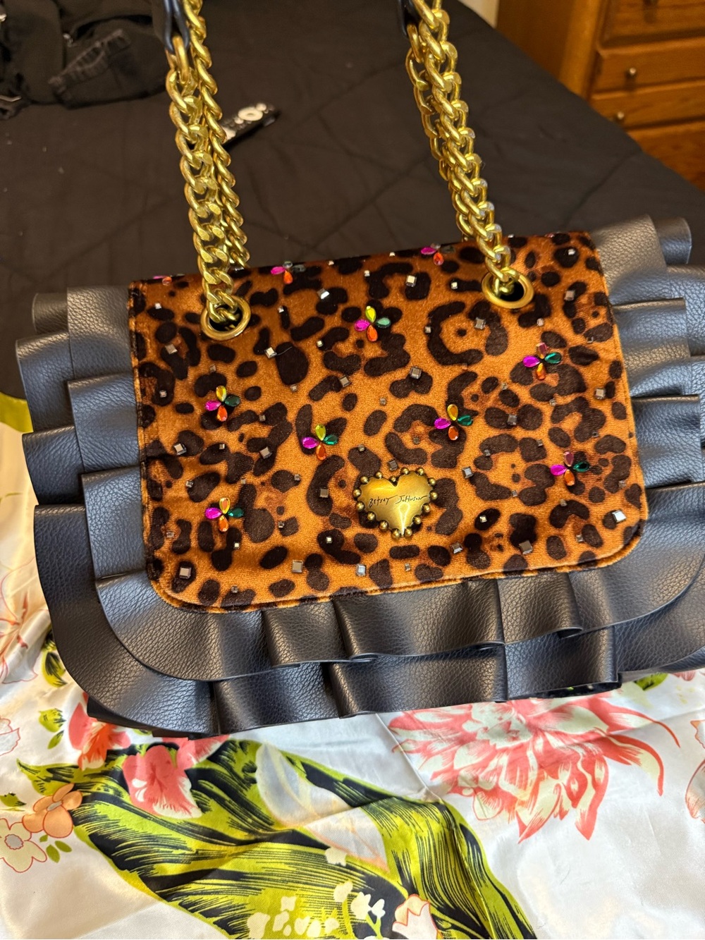 Betsey Johnson Leopard Rhinestone Ruffle Chain Shoulder Bag